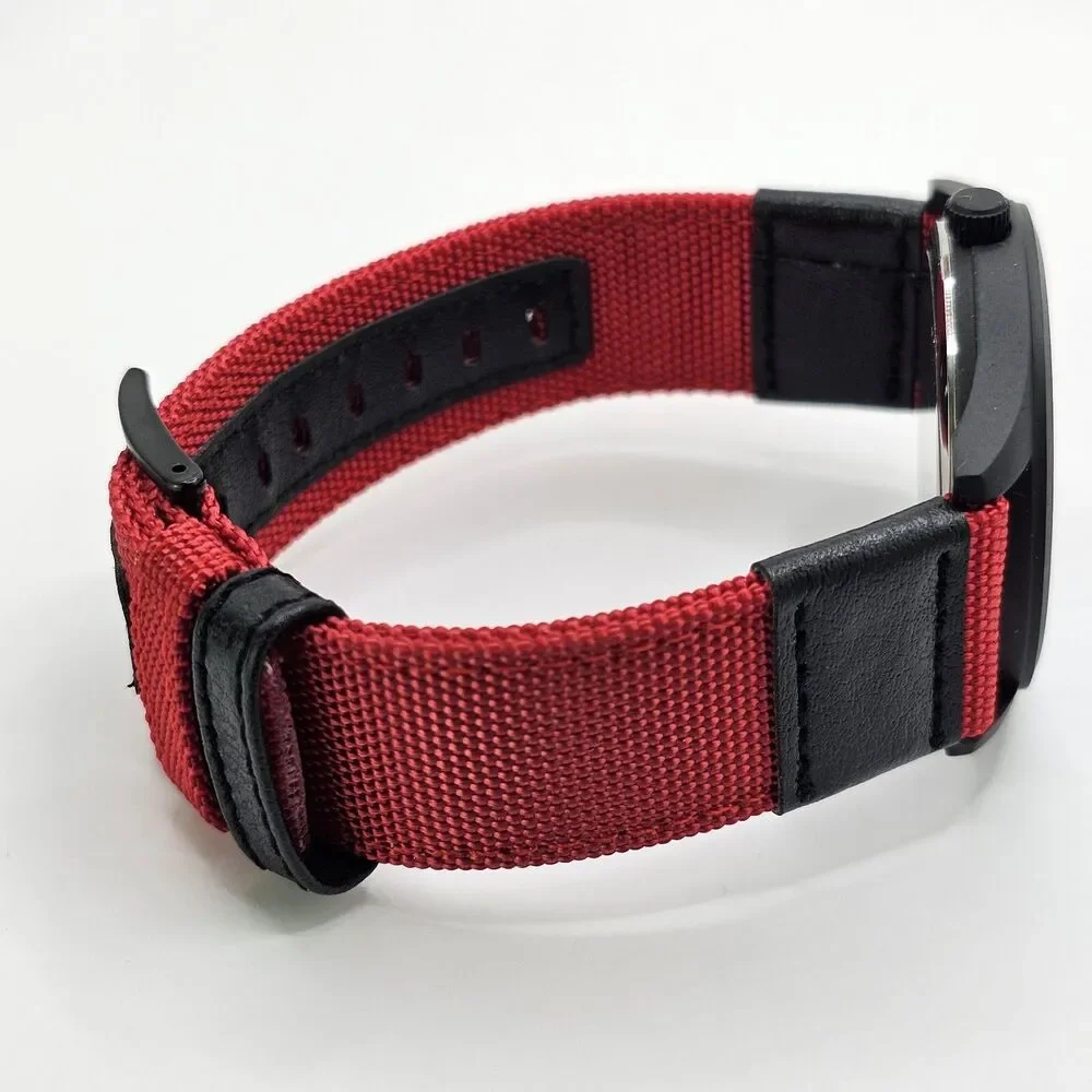 Men's 42MM Military Field Watch Black Case Black‎ Dial Red Black Canvas Bands